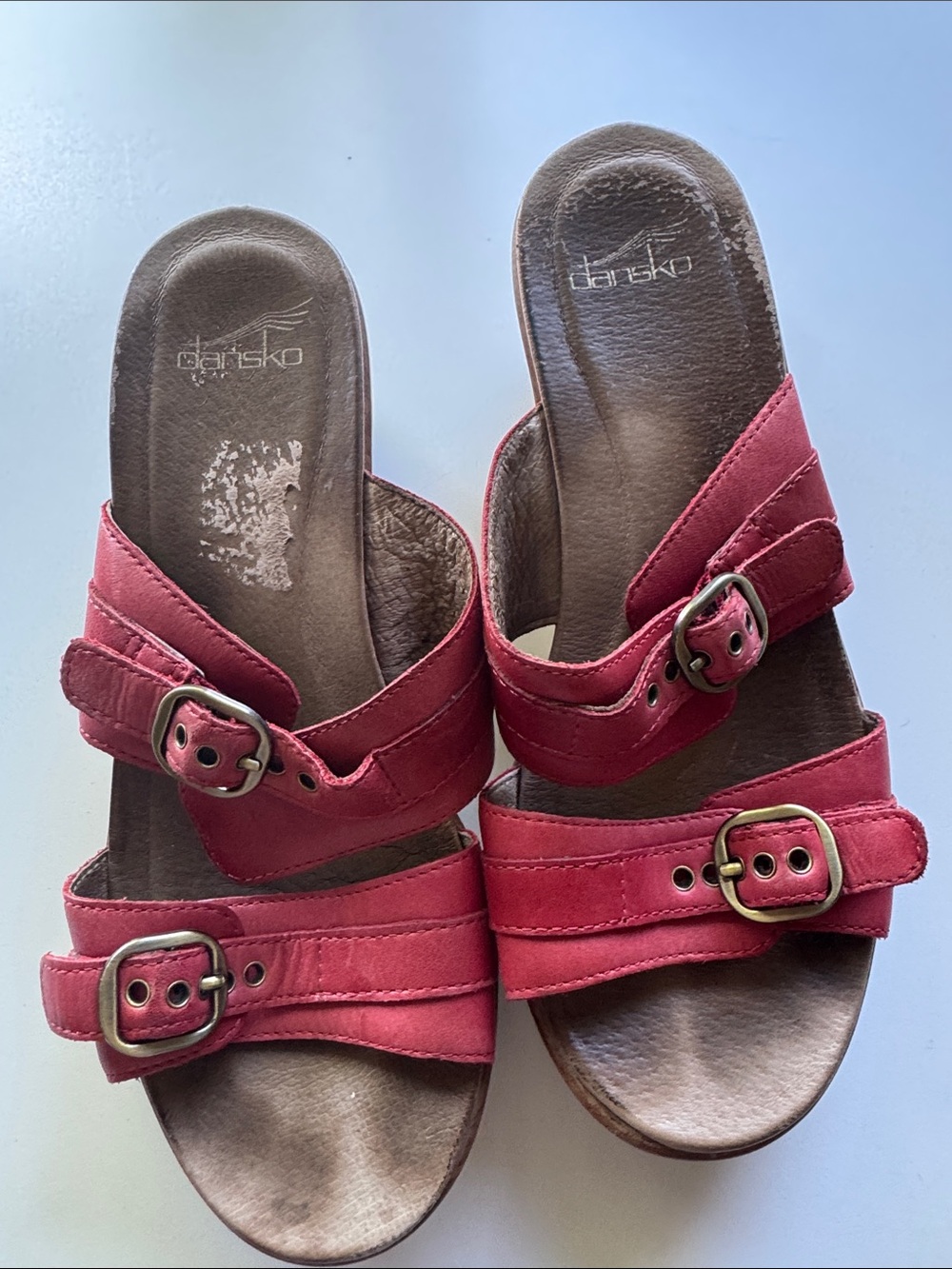 Dansko Women's Red Leather Buckle Slide Mule Sandals sz 38